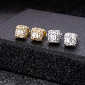 Square Pave Earrings with Double Baguette Center Stones