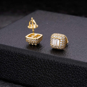 Square Pave Earrings with Double Baguette Center Stones